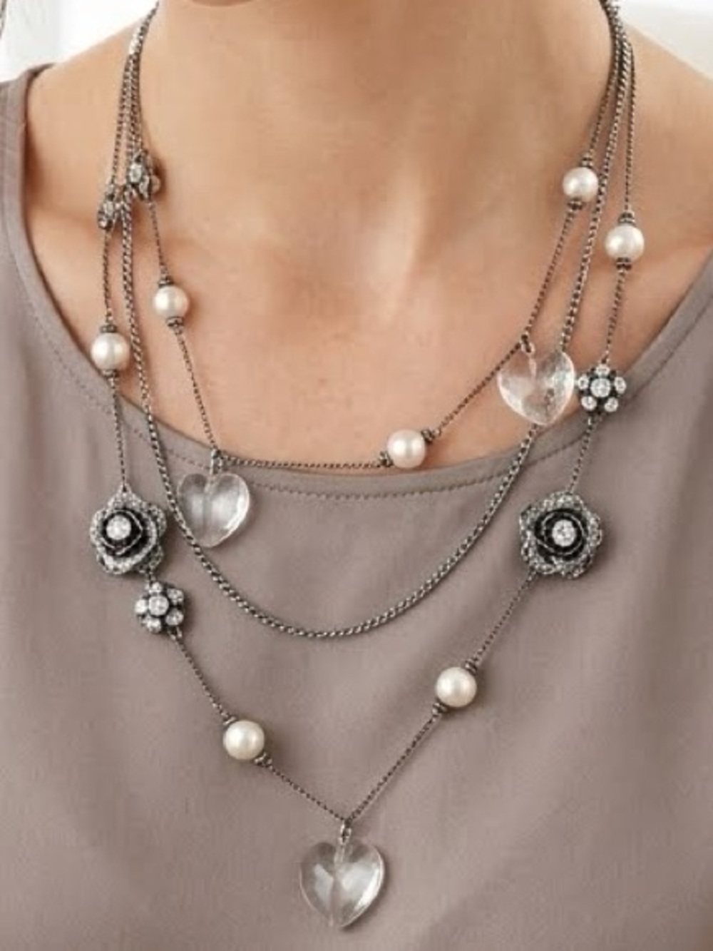 Betsey Johnson Silver Hearts Roses Pearls Multi Strand Necklace